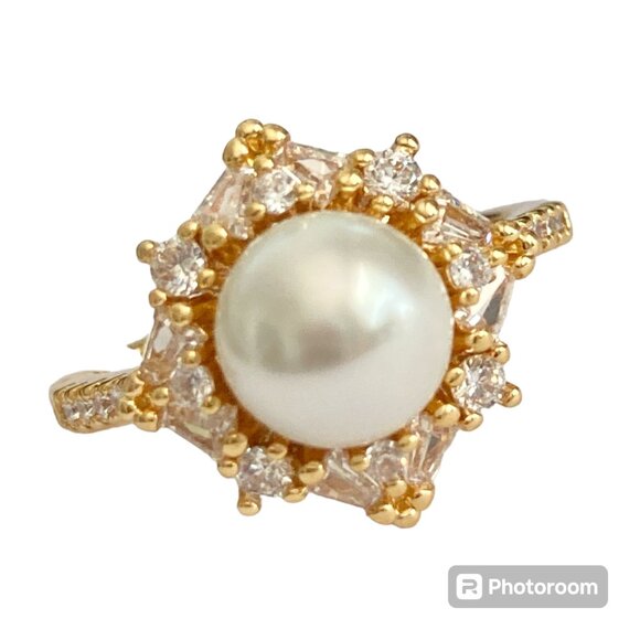 Art Deco Cubic Zirconia White Pearl Cocktail Ring Yellow Gold Plated Size 7 8 9 - Picture 1 of 15